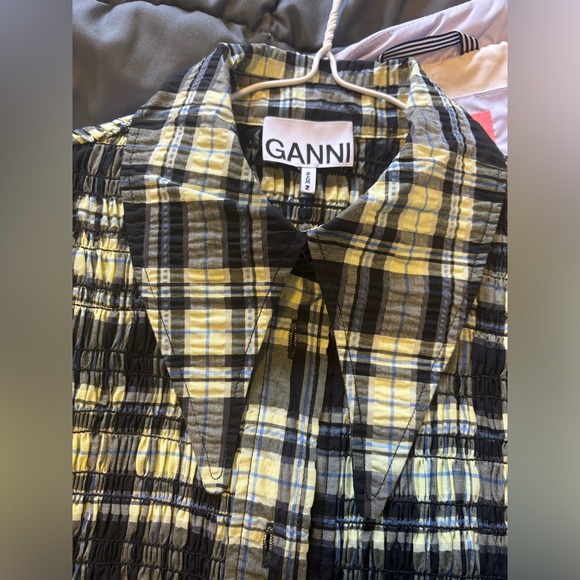 GANNI Seersucker Check Smocked Shirt Dress Size 34 (US2) - Picture 4 of 8